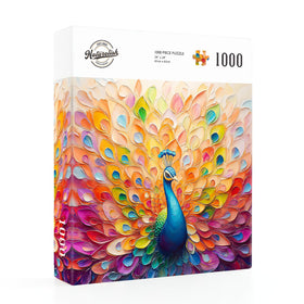 Naturelish Peacock artwork puzzle close-up colors inspire focused puzzling.