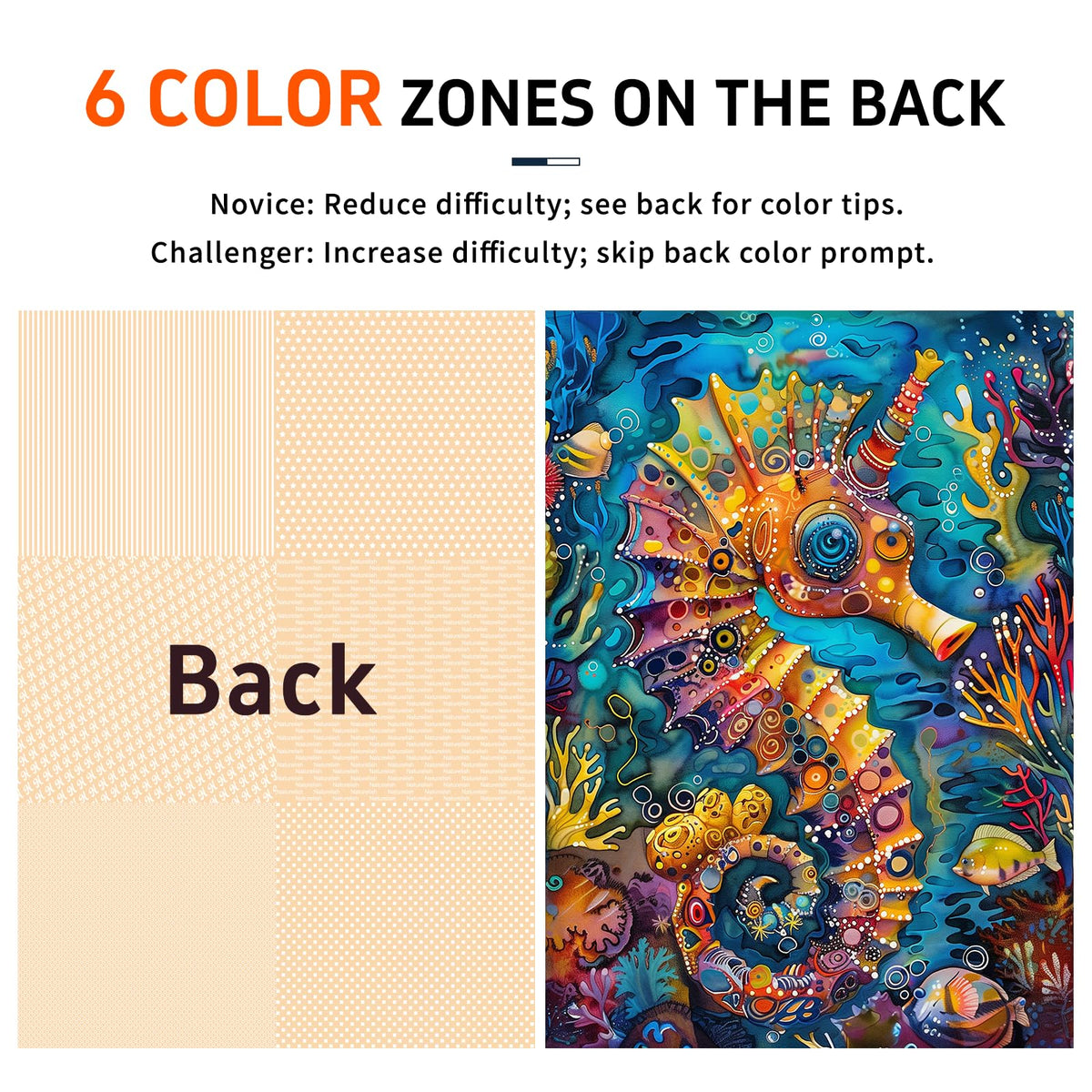 Naturelish seahorse puzzle color-coded back aids beginner solvers and speeds progress