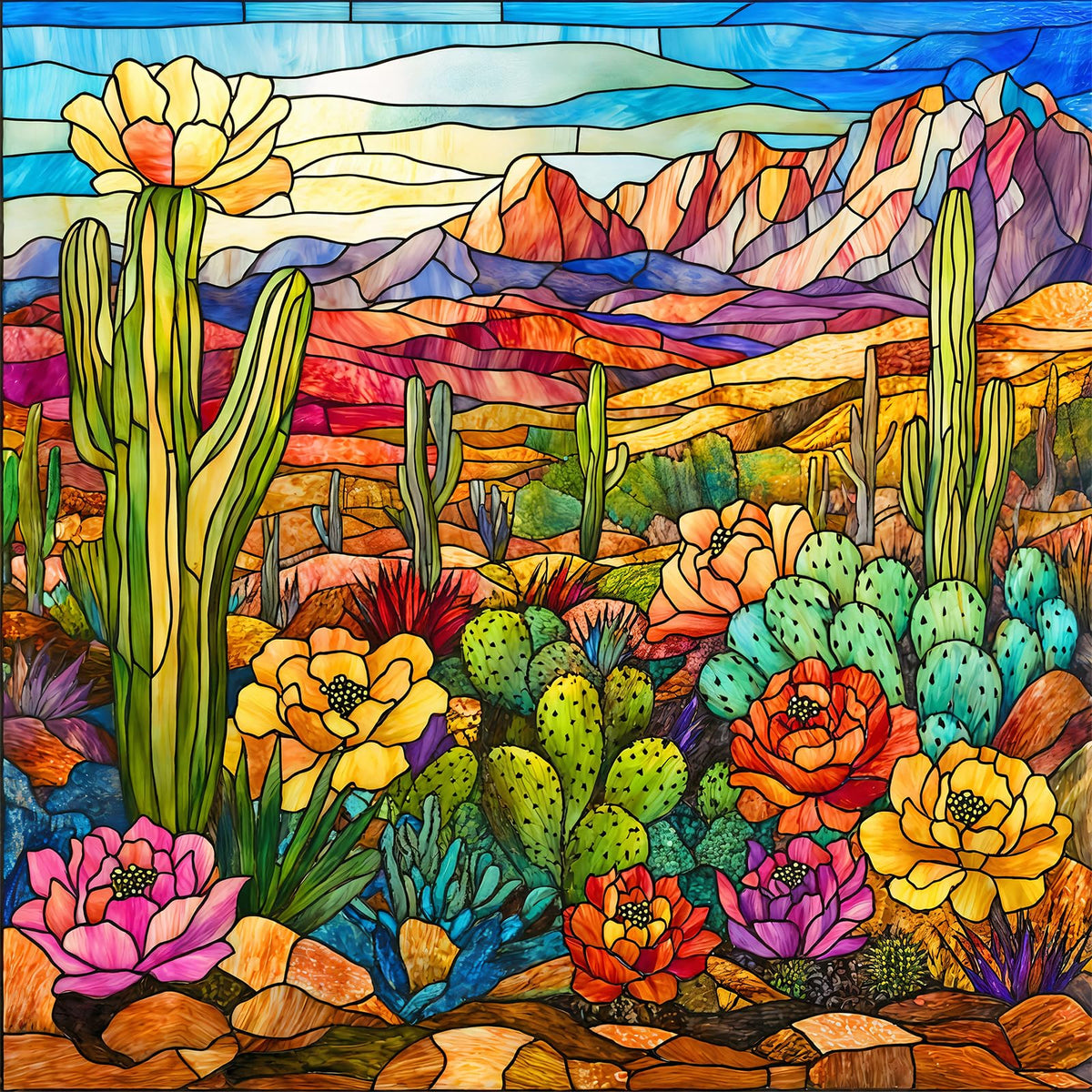 Naturelish stained glass cactus puzzle box-front with vibrant colors for engaging game night