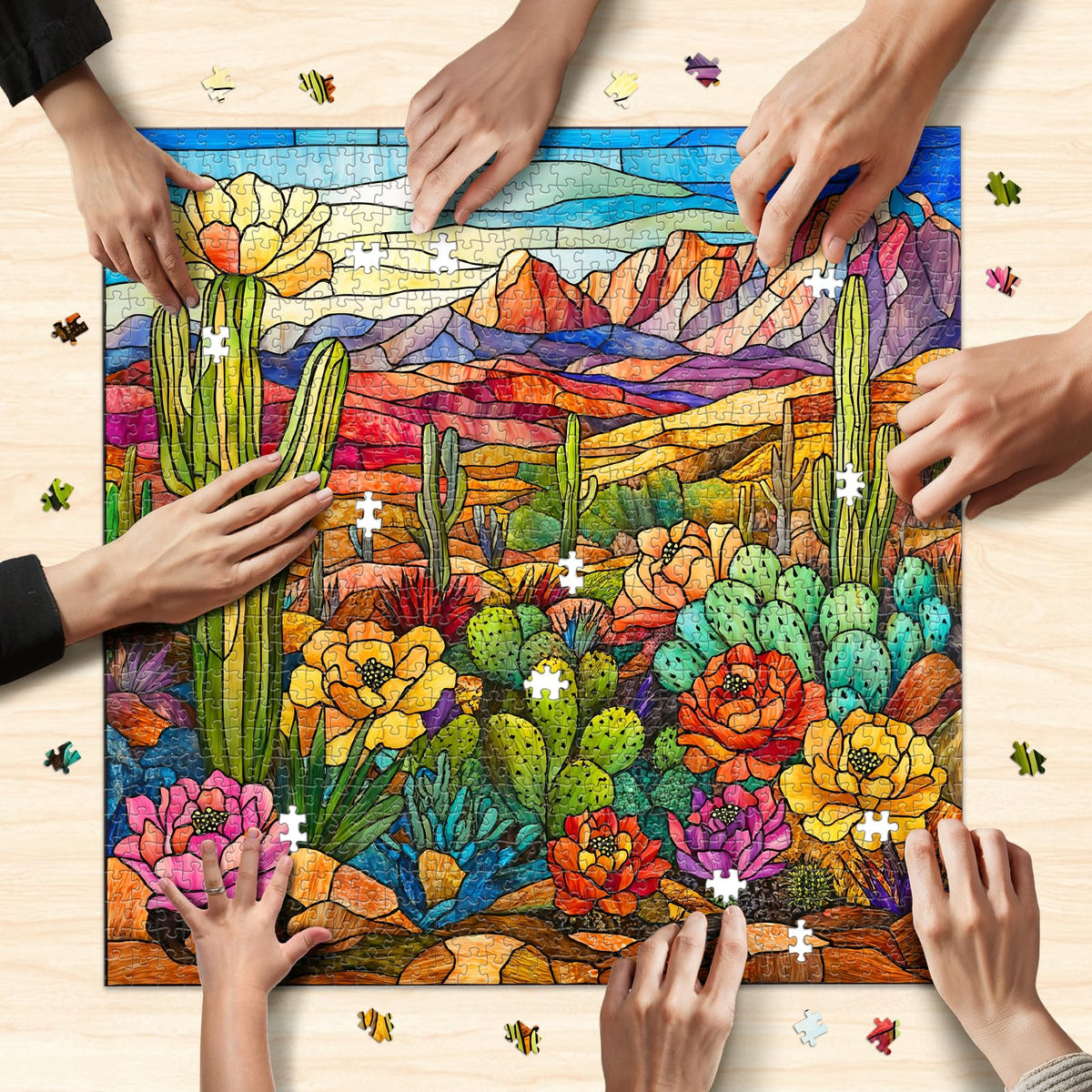 Naturelish stained glass cactus puzzle desert-scene highlights intricate pieces for challenging enjoyment