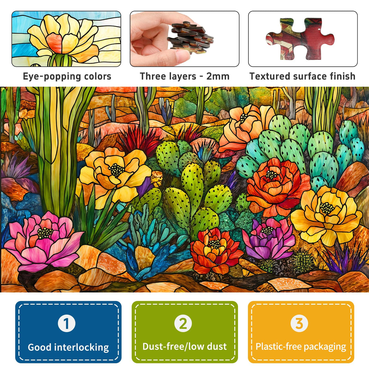 Naturelish stained glass cactus puzzle interlocking-closeup emphasizes precision cuts for smooth assembly