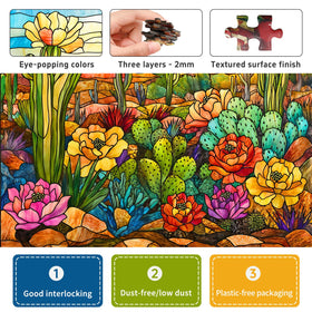 Naturelish stained glass cactus puzzle interlocking-closeup emphasizes precision cuts for smooth assembly