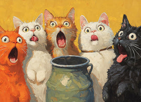 Naturelish surprised cats oil painting puzzle showing five distinct felines for mindful, relaxing puzzling.