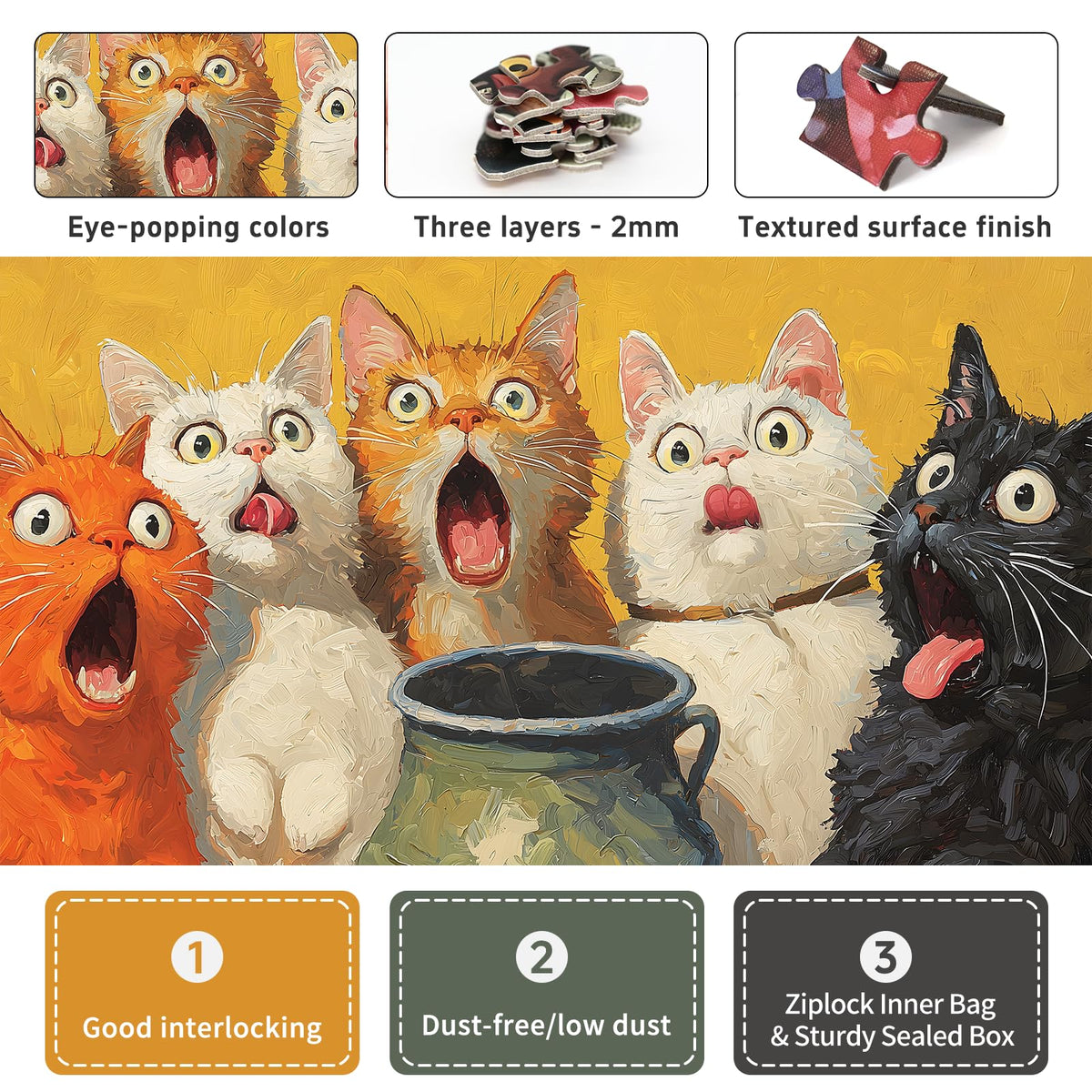 Naturelish surprised cats oil painting puzzle layout emphasizes playful expressions for engaging problem solving.