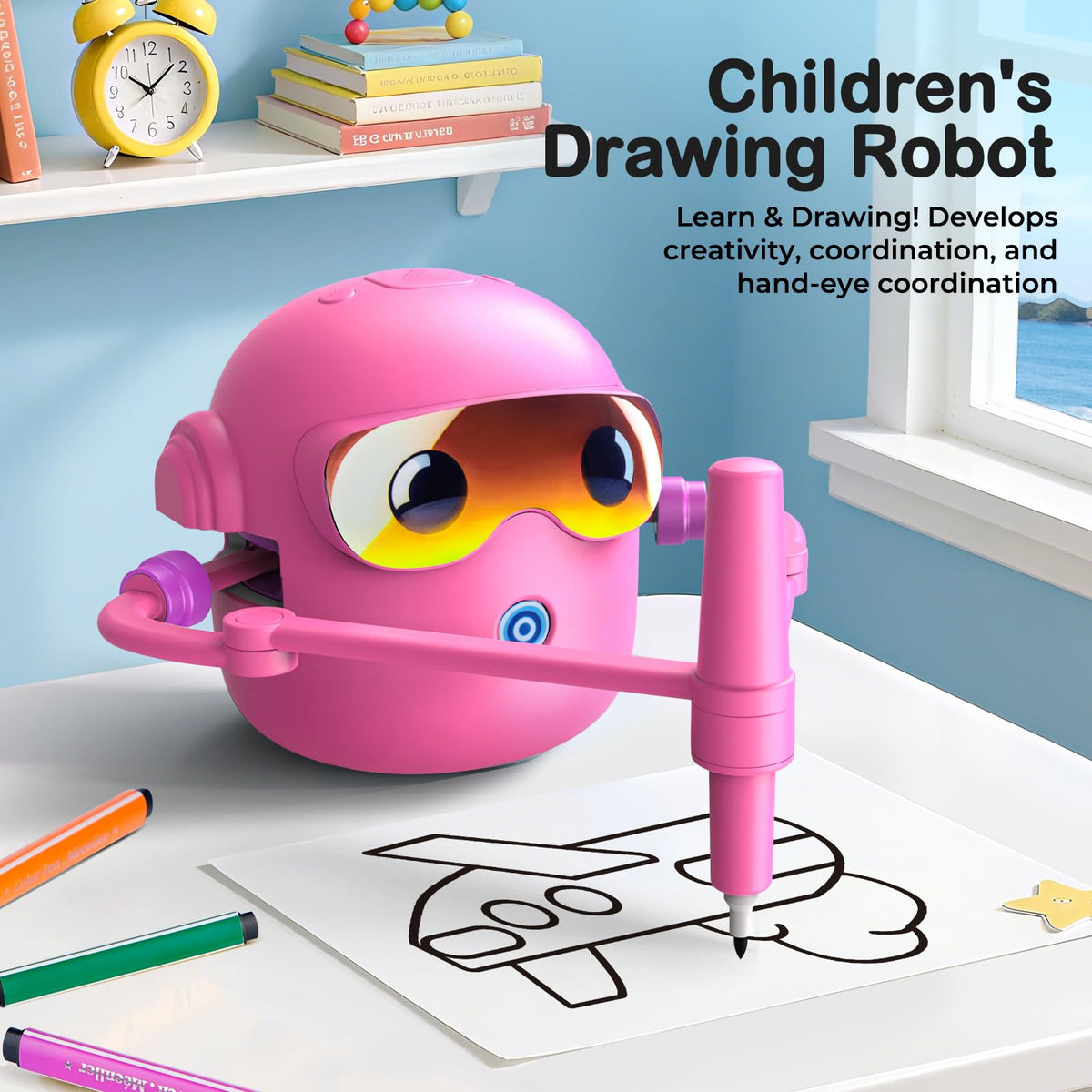NAUQUOHZ drawing robot in action on table encouraging focus and creativity for kids.