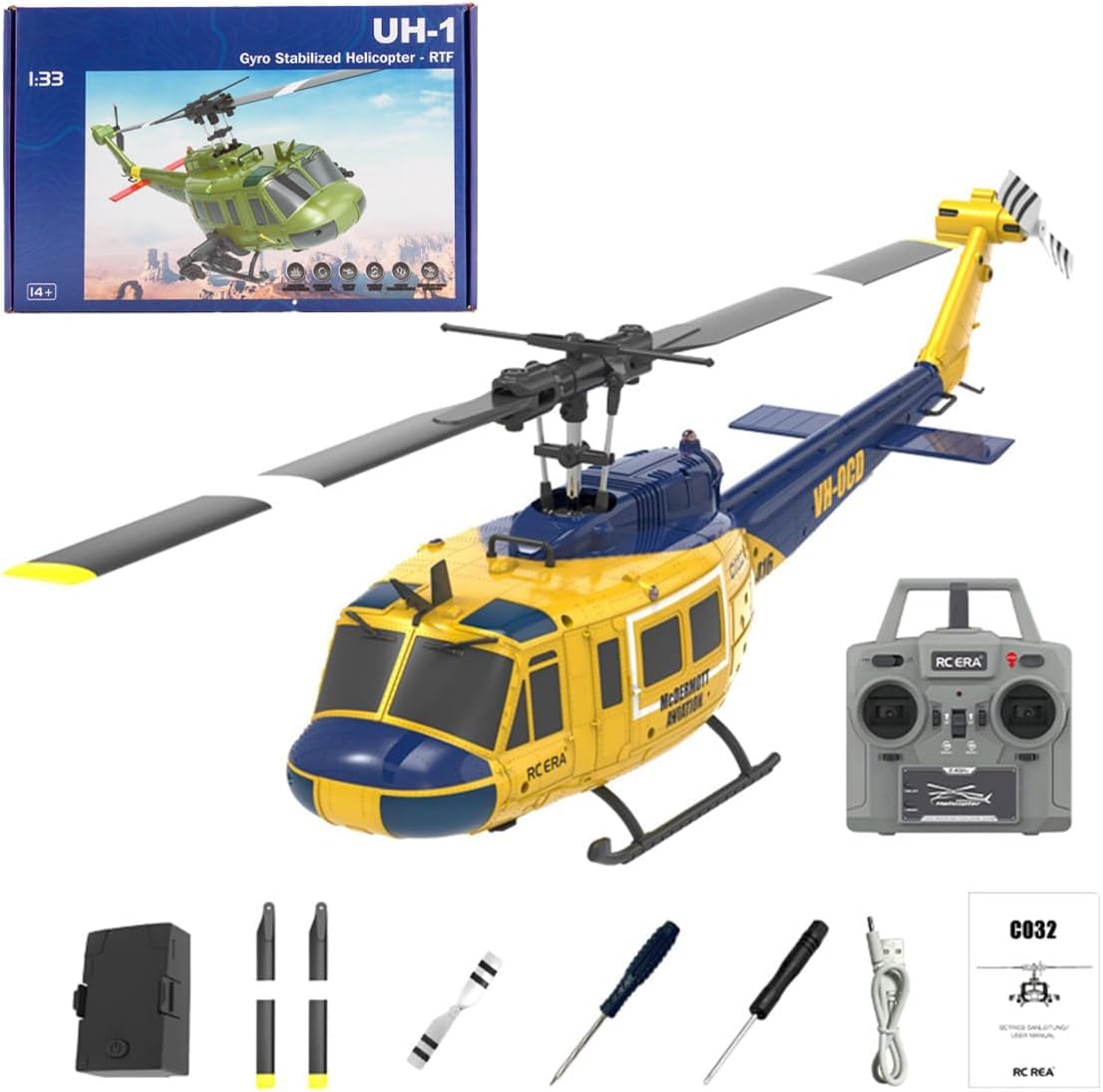 NBJIALIN RC Era C032 Huey helicopter side view shows stable hover and precise control.