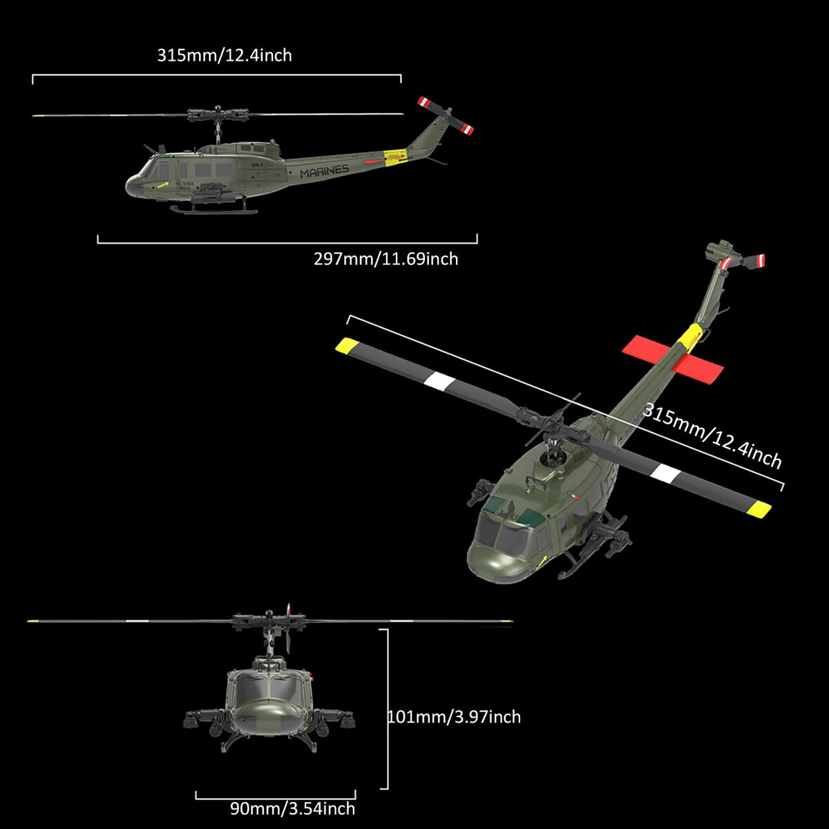 NBJIALIN RC Era C032 Huey helicopter top view highlights compact scale and agile handling.