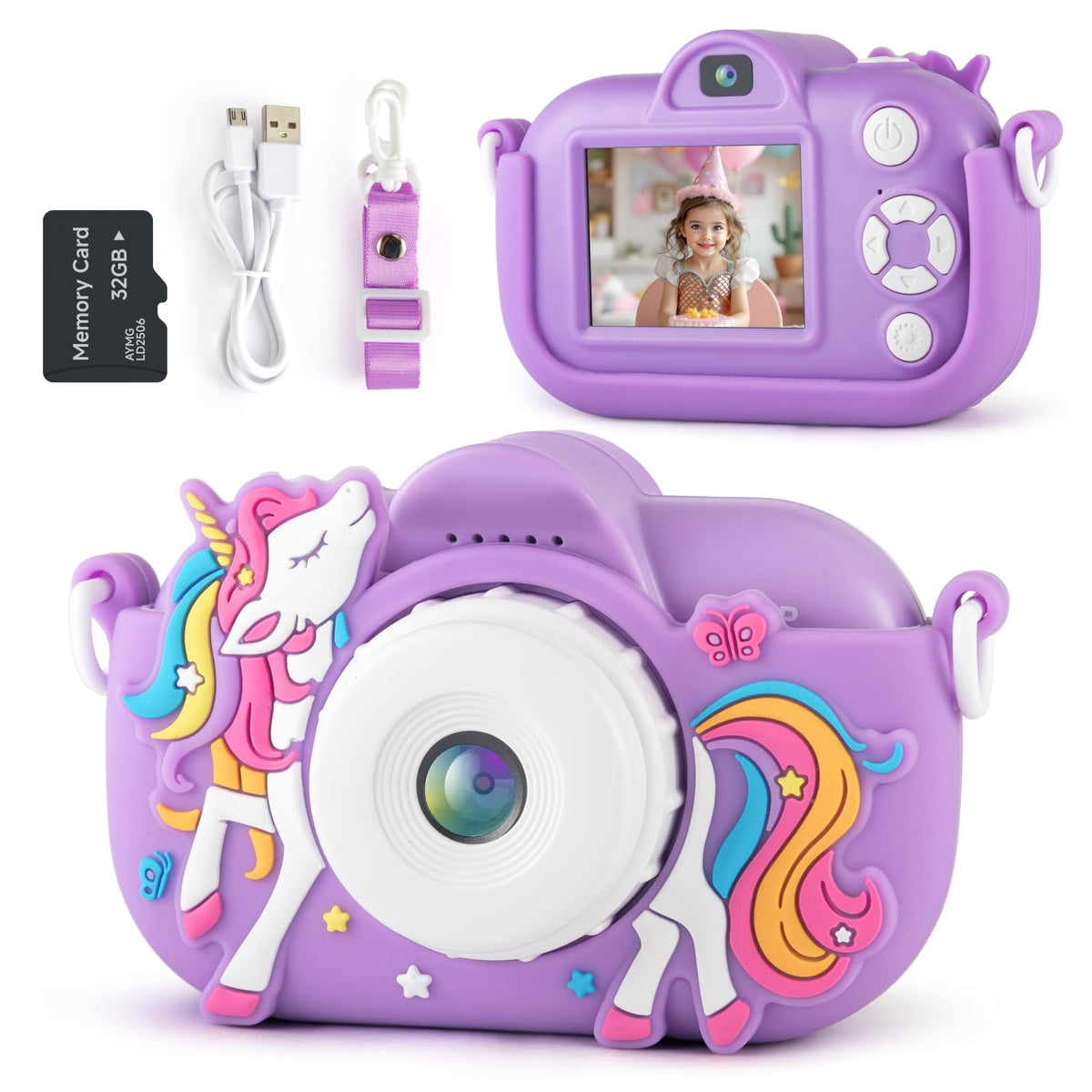 NBKLS kids camera shows front and back dual lenses for versatile, kid-friendly photography.