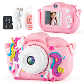NBKLS Kids Camera pink front view with dual lenses for sharp photos
