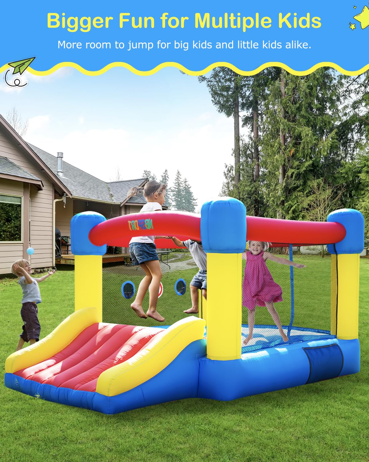 NBSPORT bounce house ball hoop close-up, encourages interactive games.