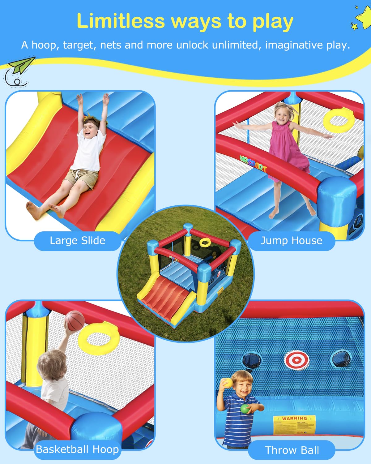NBSPORT bounce house catching nets and safety features, watchful play.