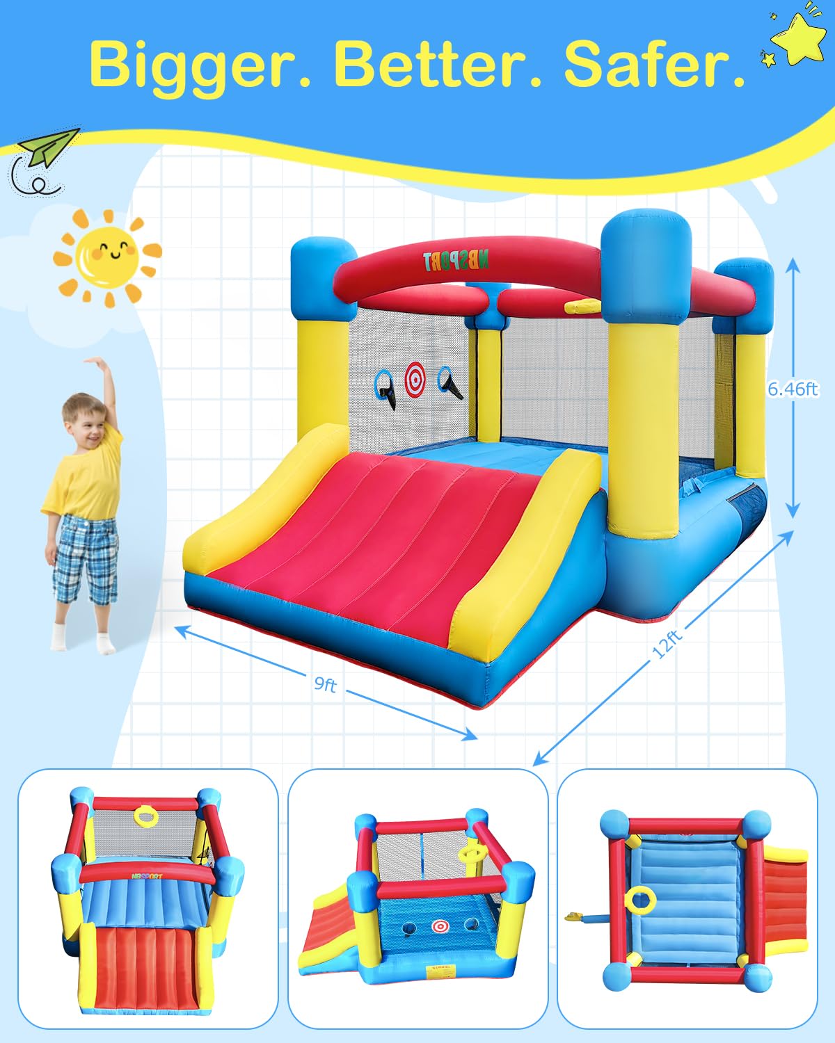 NBSPORT bounce house children playing together, social backyard fun.