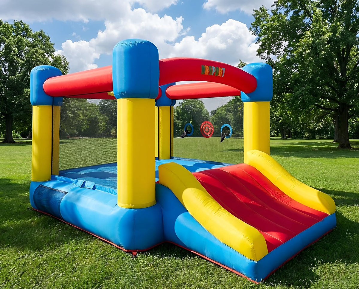 NBSPORT inflatable bounce house front view, ideal for backyard parties.