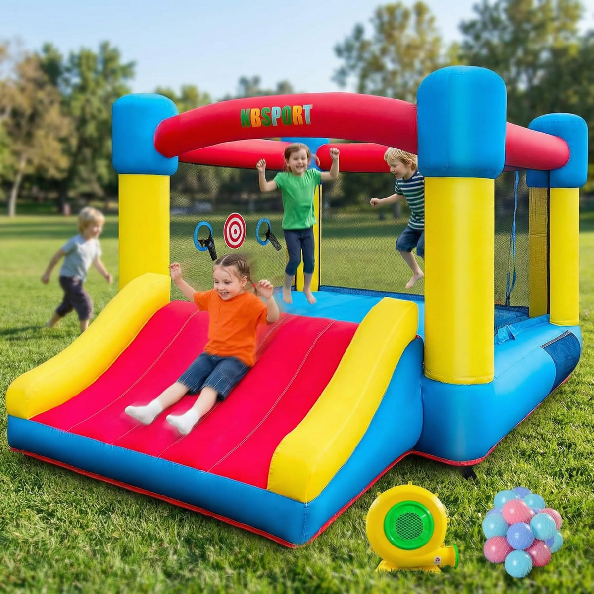 NBSPORT inflatable bounce house side view, spacious play area for kids.