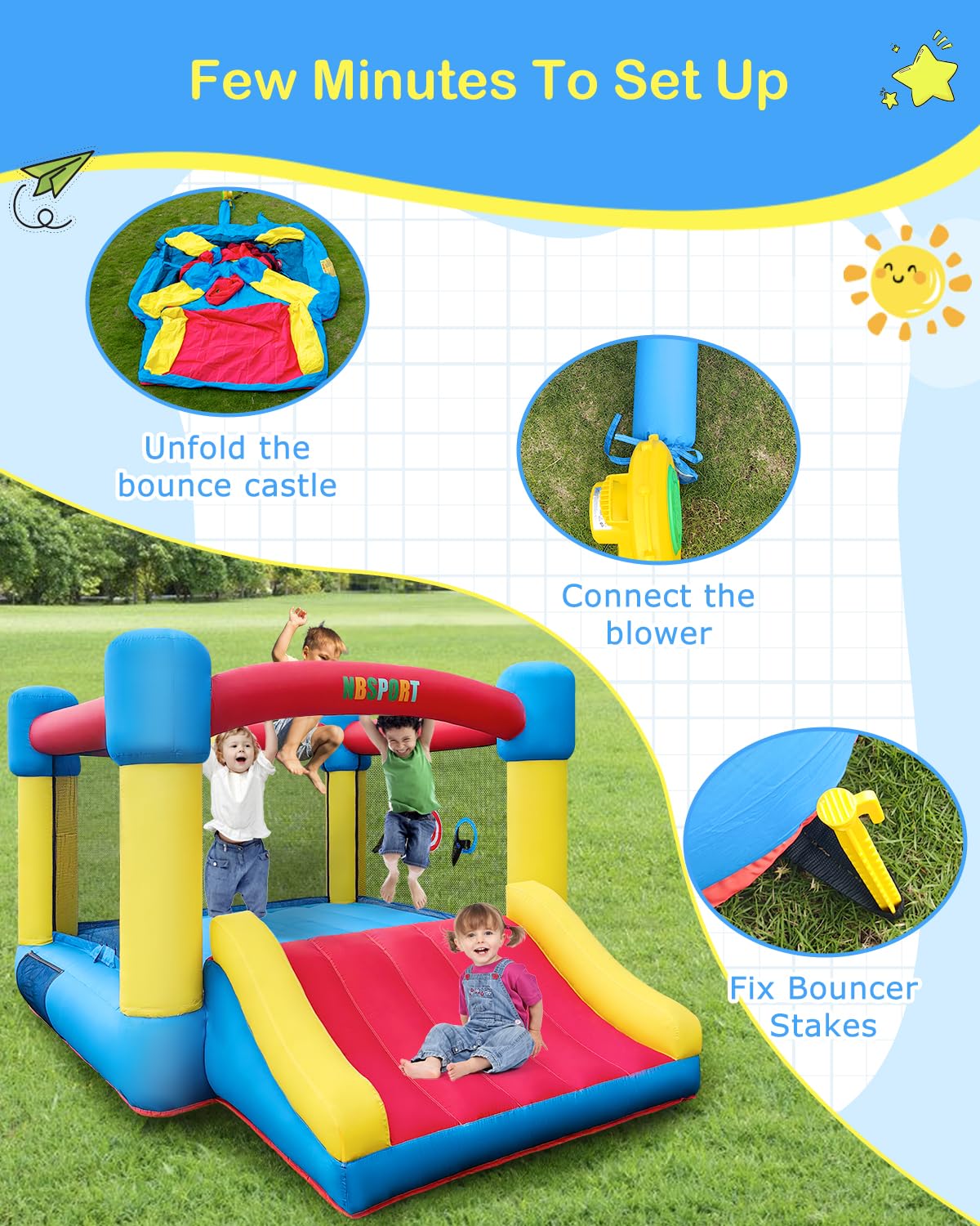 NBSPORT bounce house slide, smooth transition for energetic kids.