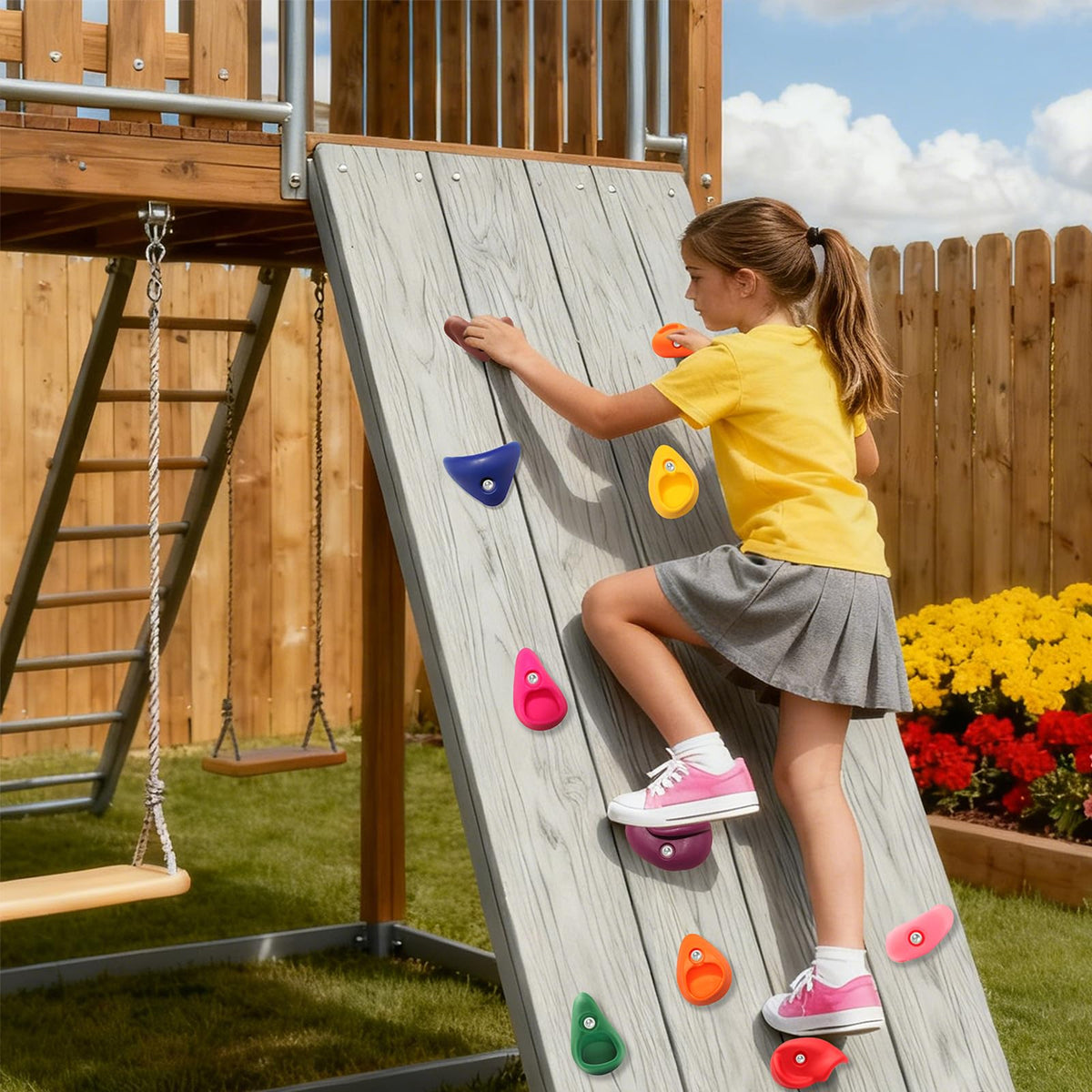 NEATATOU kids climbing on holds demonstrating balance and confidence.