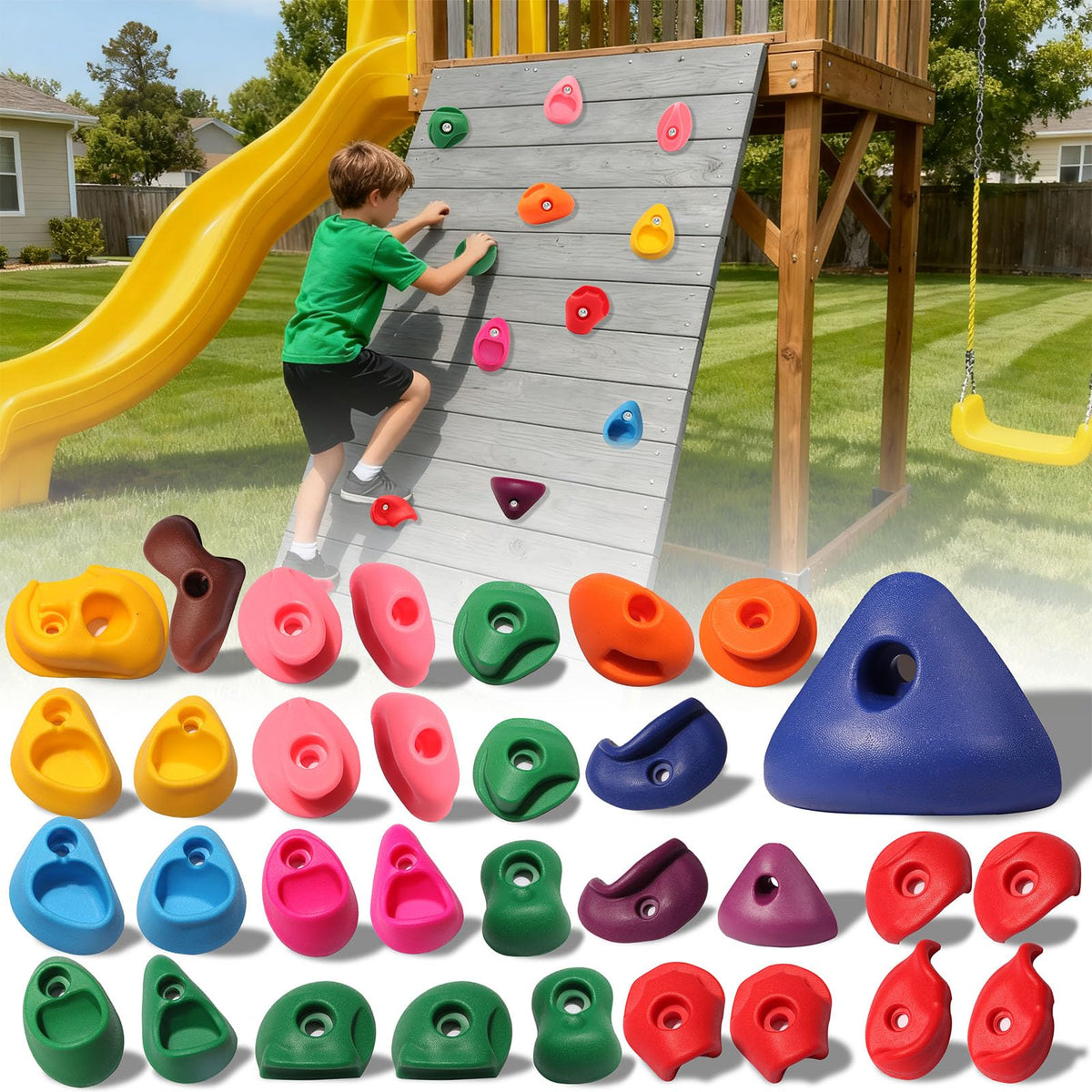NEATATOU 32-piece rock climbing holds set for versatile wall configurations.