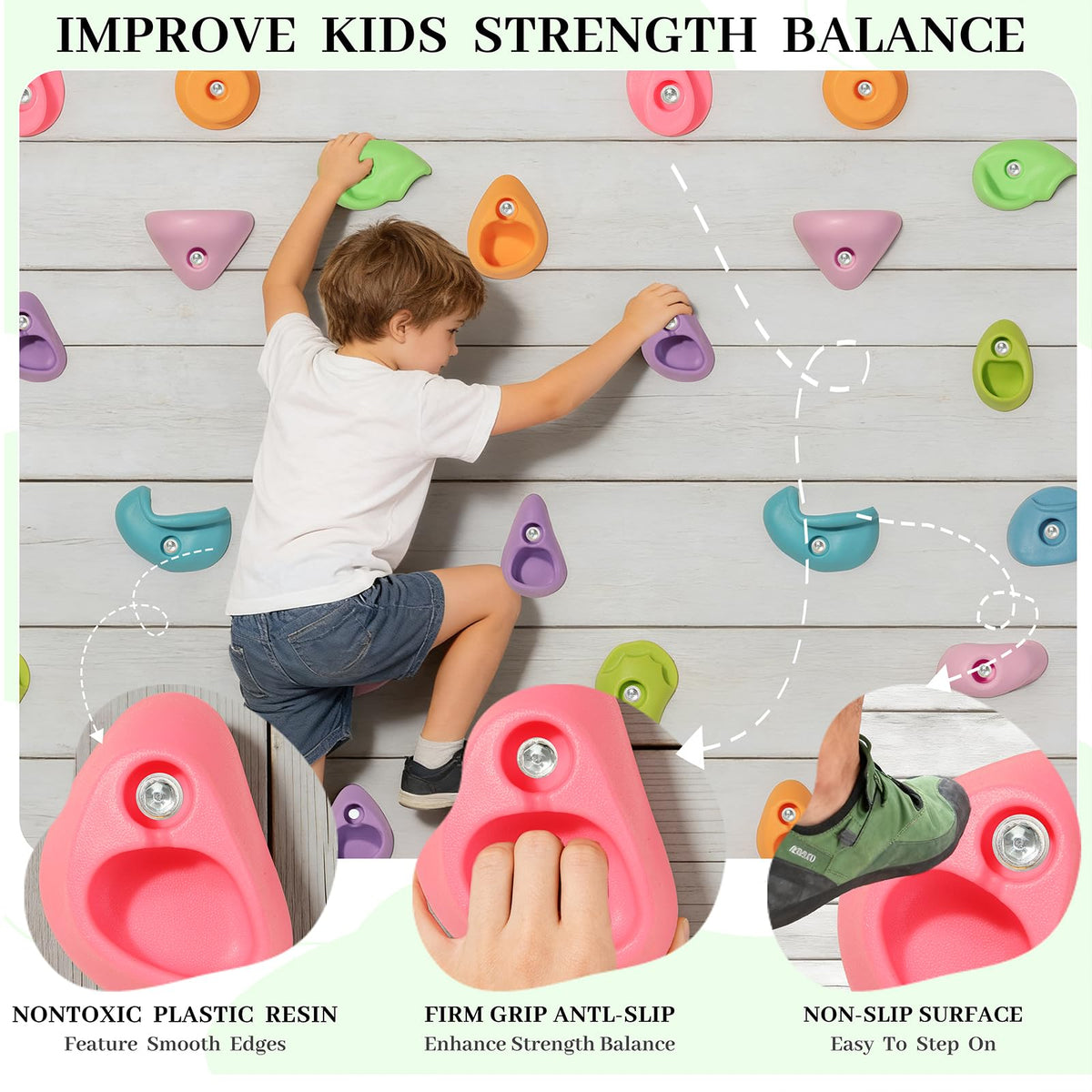 Textured grips on NEATATOU climbing holds help kids grip and climb confidently