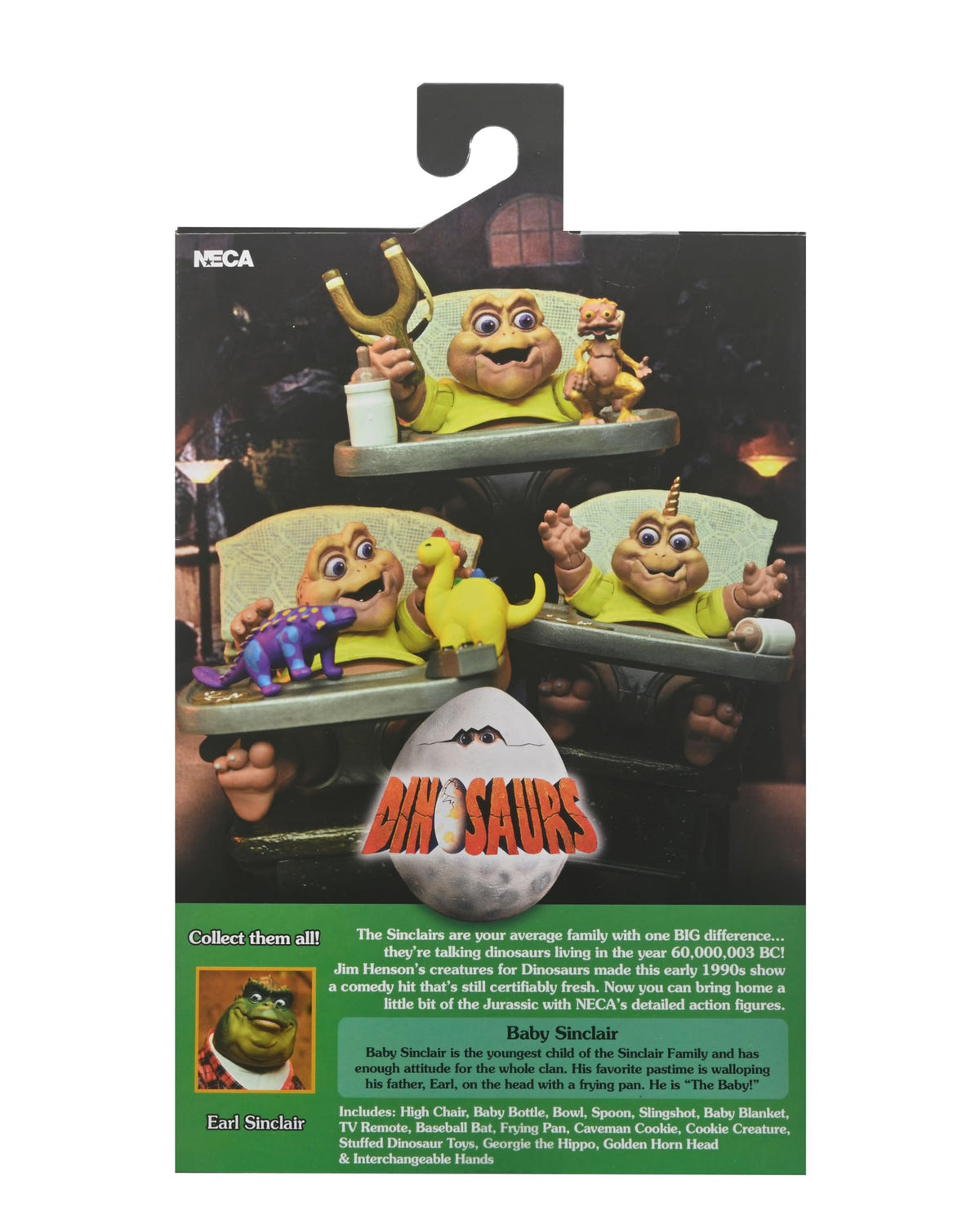 NECA Dinosaurs Baby Sinclair packaging in collector-friendly window box.