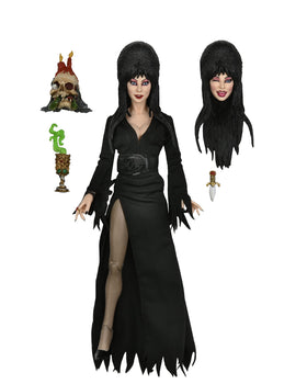 NECA Elvira 8-inch figure with head sculpt and fabric clothing ideal for shelf display.
