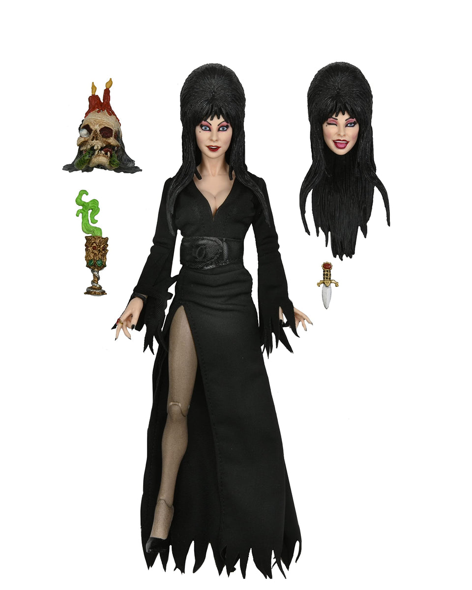 NECA Elvira 8-inch figure with head sculpt and fabric clothing ideal for shelf display.