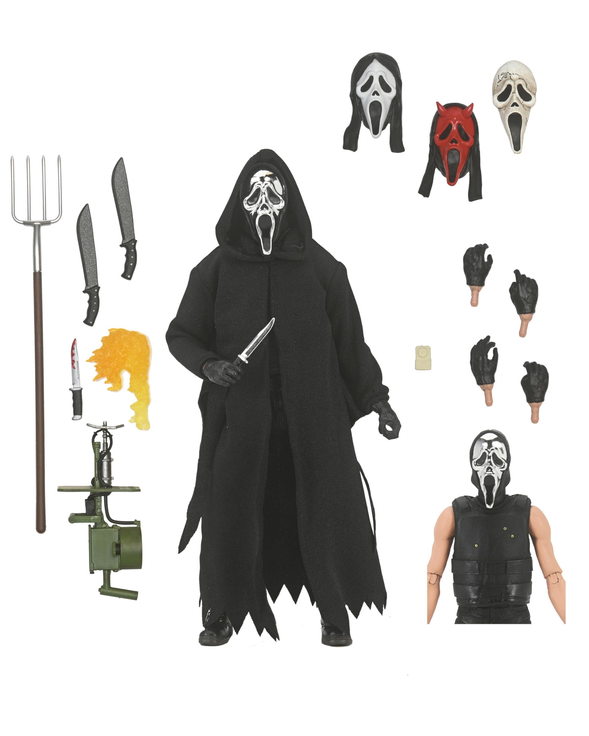 NECA Ghost Face Ultimate Inferno figure front view with open cloak for dynamic posing