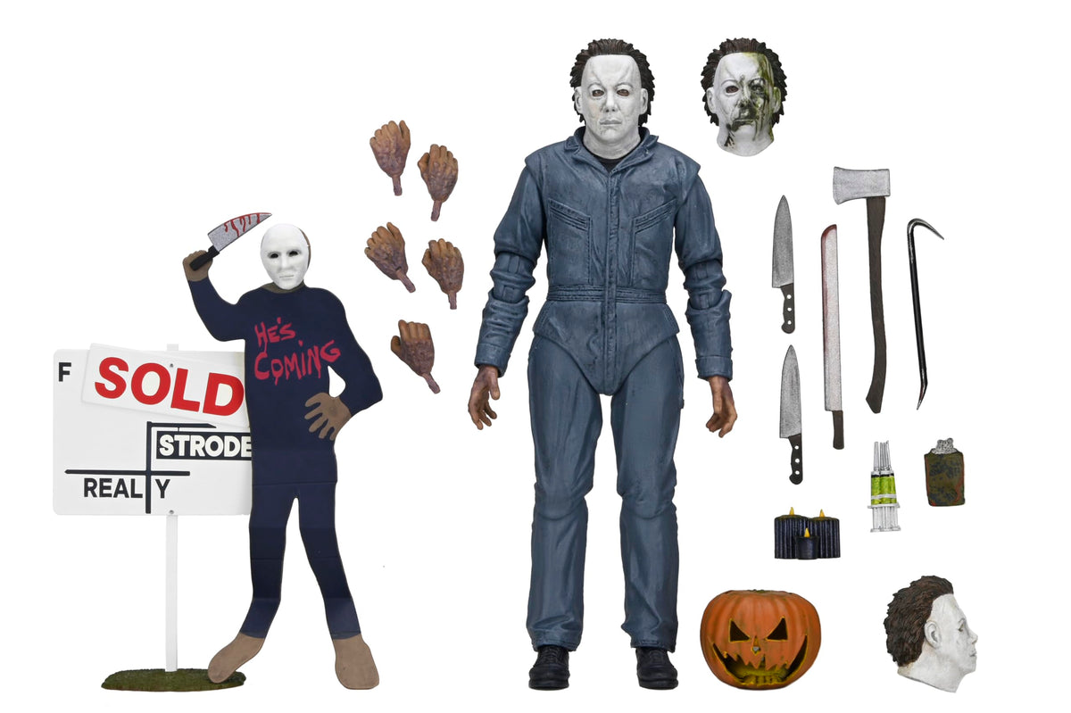 NECA Michael Myers figure includes axe for bold display options.