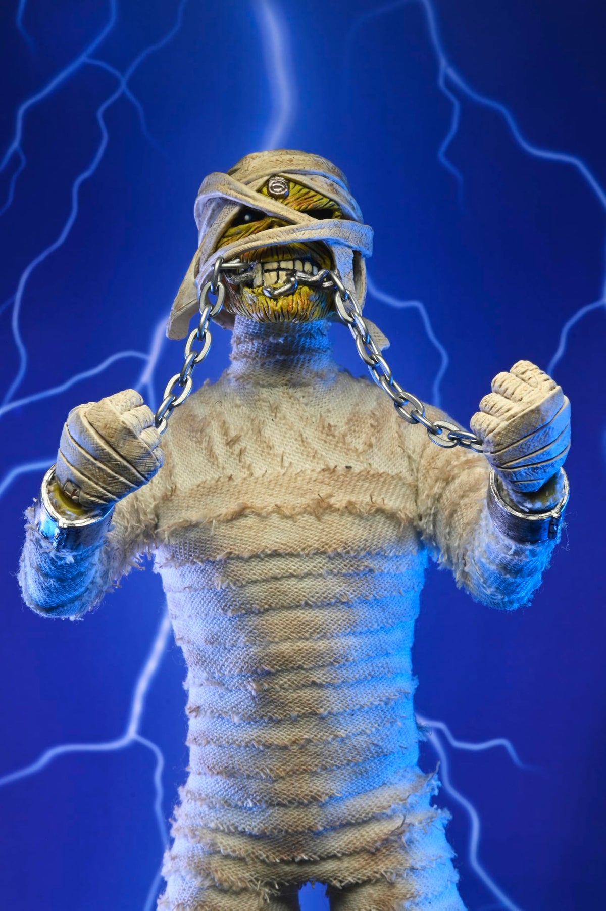 NECA Iron Maiden Mummy Eddie 8in clothed Somewhere Back in Time head swap view.