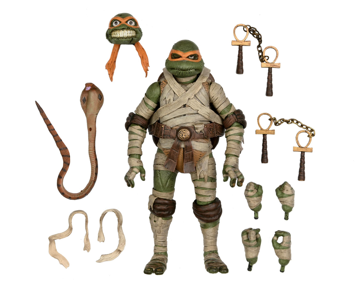 NECA Michelangelo mummy close-up head shows detailed bandages and expressive features