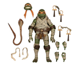 NECA Michelangelo mummy close-up head shows detailed bandages and expressive features