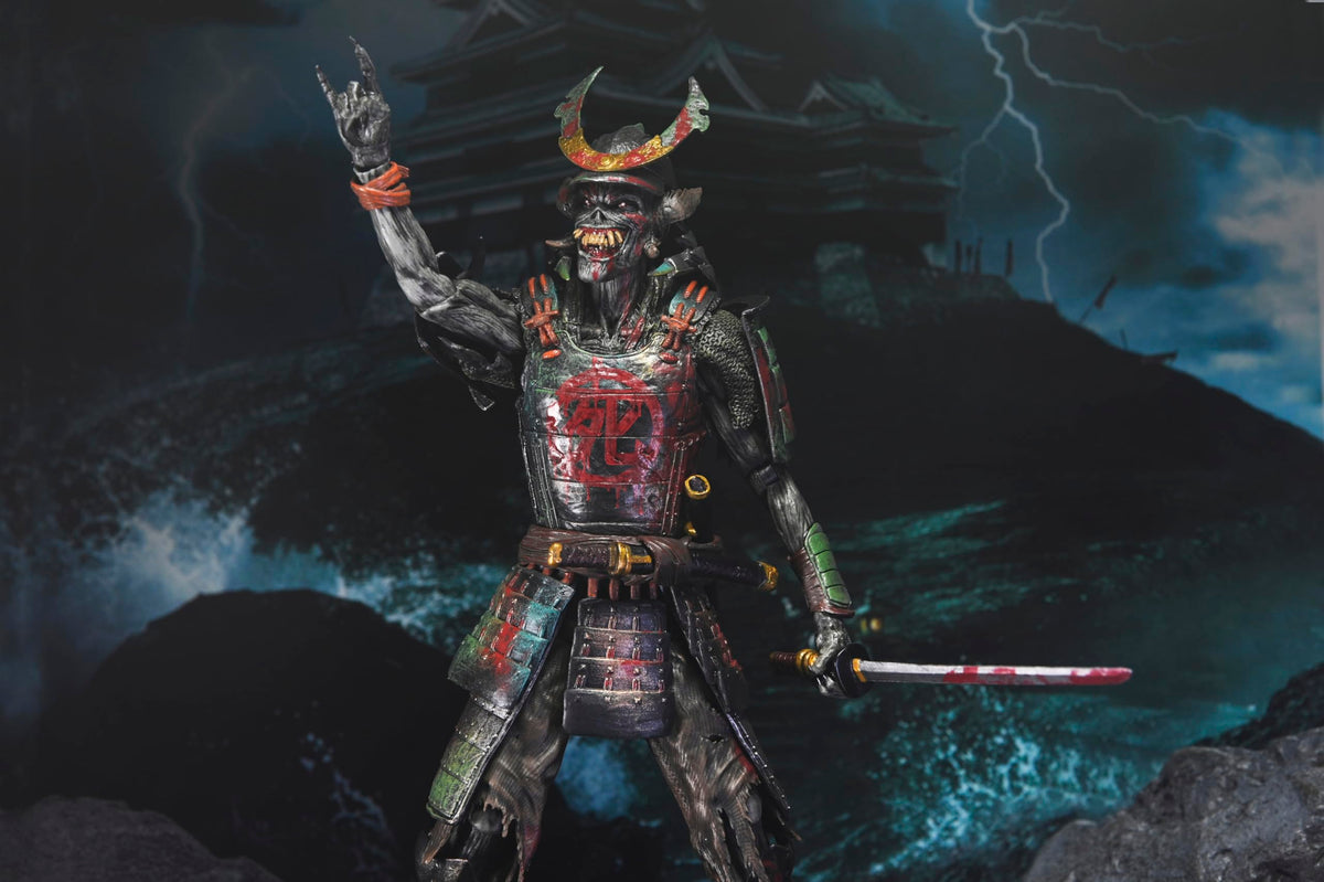 NECA Samurai Eddie flaming katana—dramatic accessory for cinematic setups.