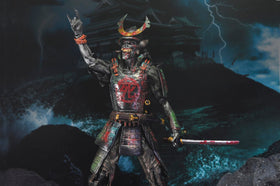 NECA Samurai Eddie flaming katana—dramatic accessory for cinematic setups.