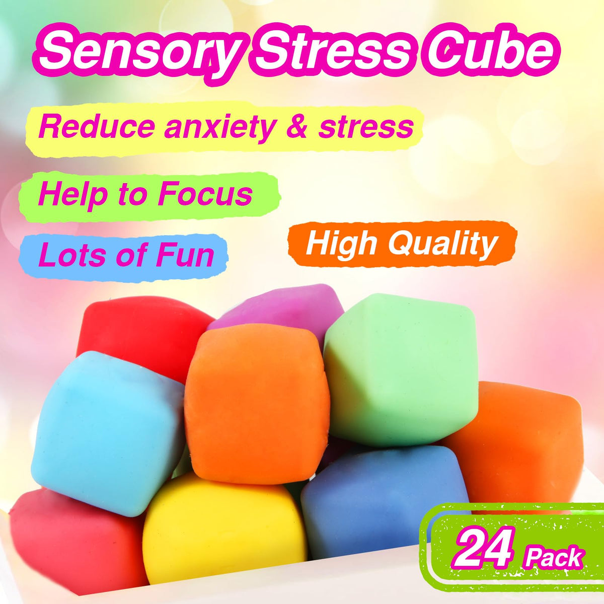 Neec stress cubes in bright colors ideal for quick desk breaks and focus.