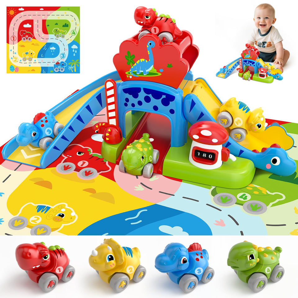 NEHEME toddler dinosaur slide set with four dinos and playmat boosts fine motor planning.