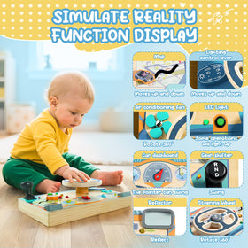 Neikko Busy Board dashboard buttons support tactile learning and cause-effect play.