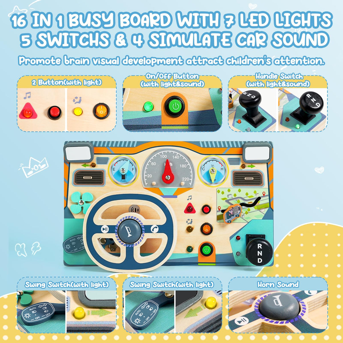 Neikko Busy Board gear shift promotes fine motor skills through interactive shifting.