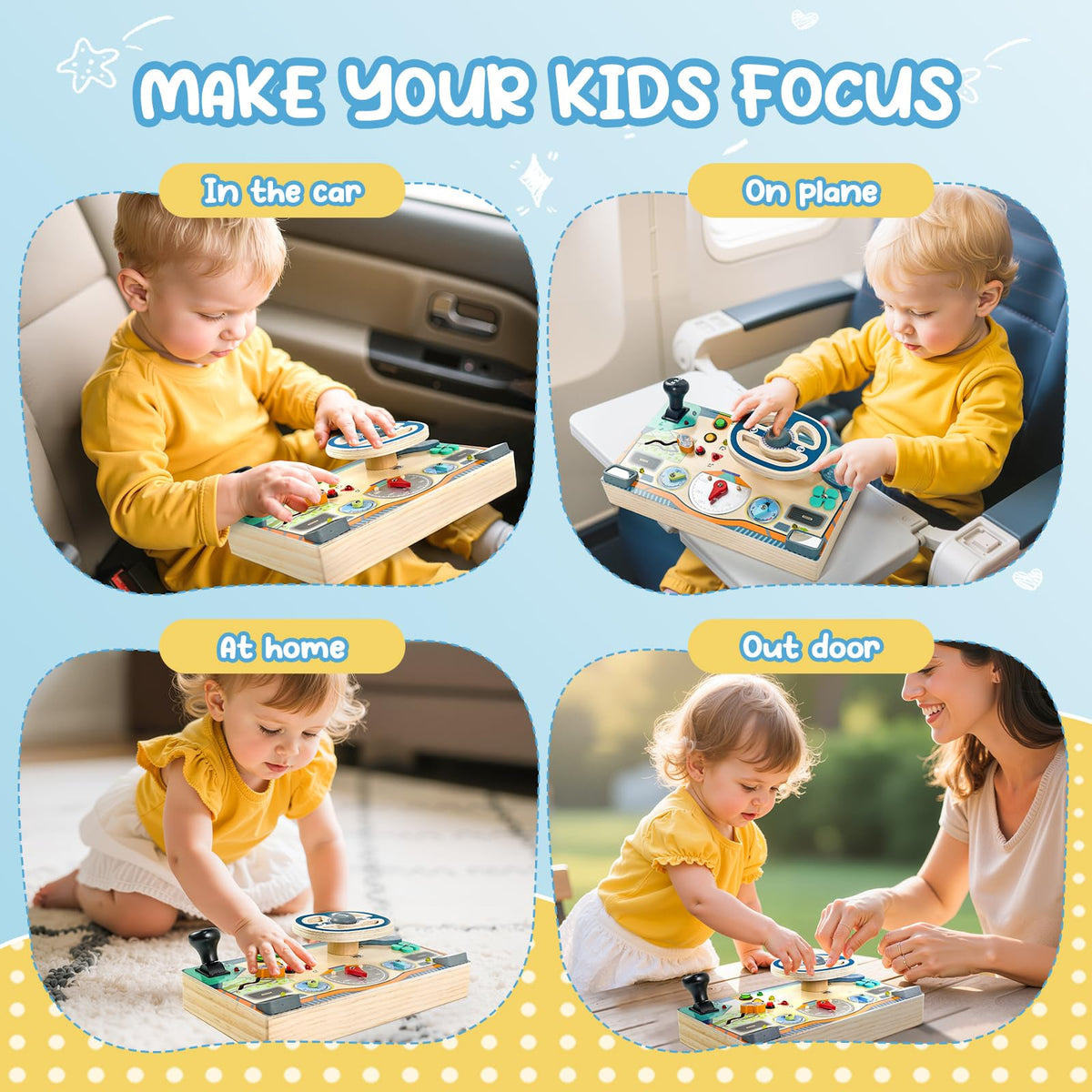 Neikko Busy Board letters on back aid color recognition and early literacy.