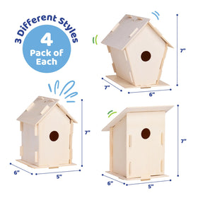 Neliblu DIY 12 Wooden Bird House Kit – brushes, stickers, strings for creative decorating