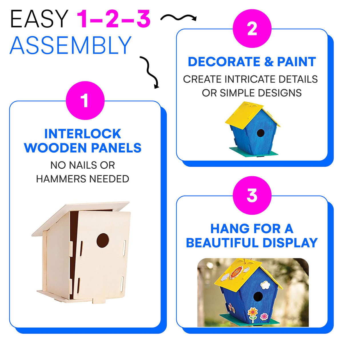 Neliblu pre-cut wood birdhouses withstand outdoor use with simple assembly.