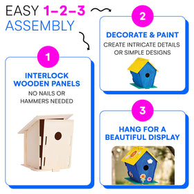 Neliblu pre-cut wood birdhouses withstand outdoor use with simple assembly.