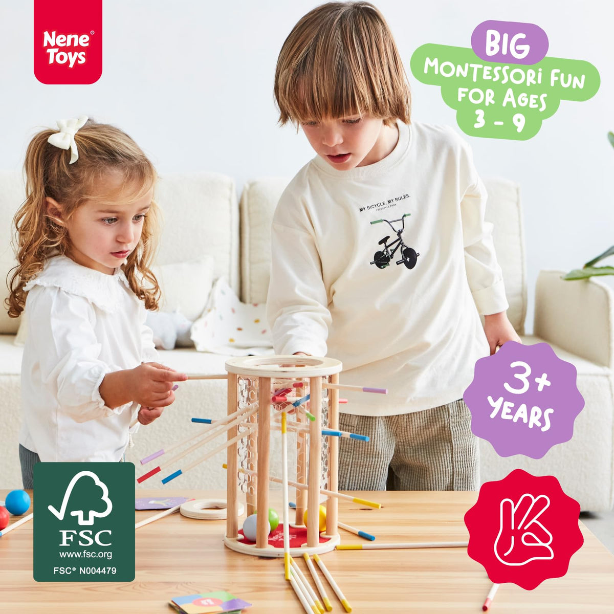 Nene Toys BallFall Jumbo wooden frame and sticks for fine motor play.