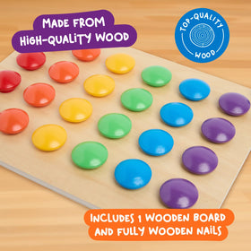 Nene Toys button pegboard supports Montessori-style color sorting.