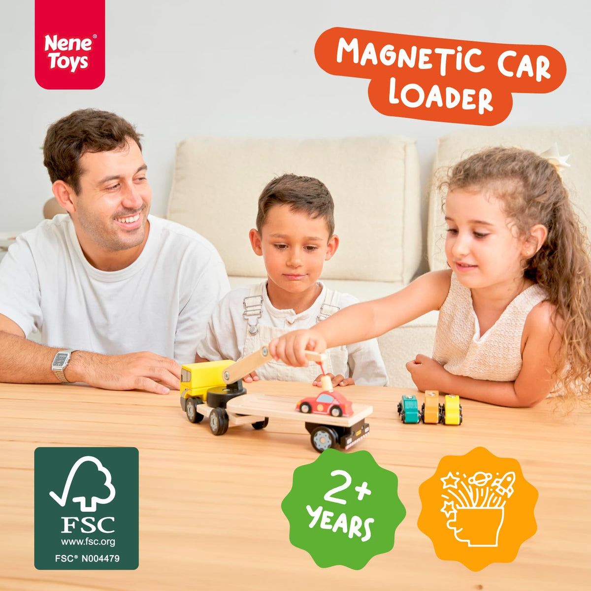 Nene Toys loads four wooden cars with the crane for imaginative play