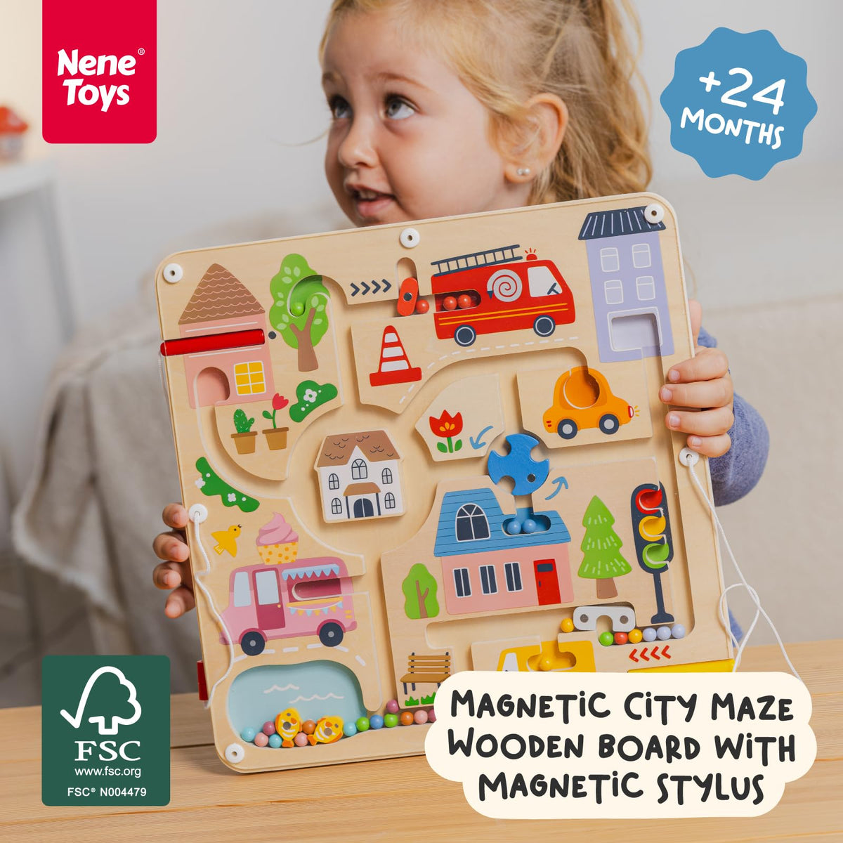 Nene Toys Magnetic Maze Board stylus close-up showing tethered tool for precise tracing.