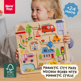 Nene Toys Magnetic Maze Board stylus close-up showing tethered tool for precise tracing.