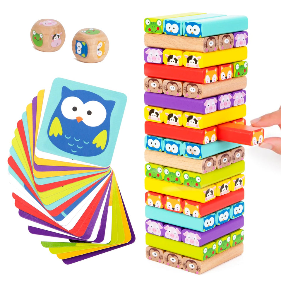 Nene Toys wooden tumble tower with animals and colors for color recognition play
