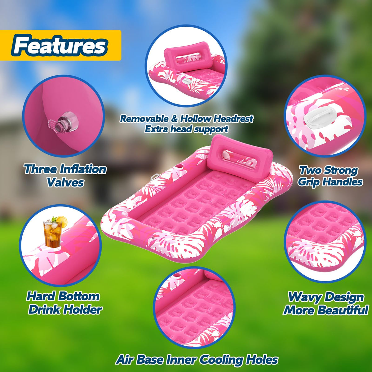 Nenrsl hollow headrest provides back and neck support for comfortable tanning.