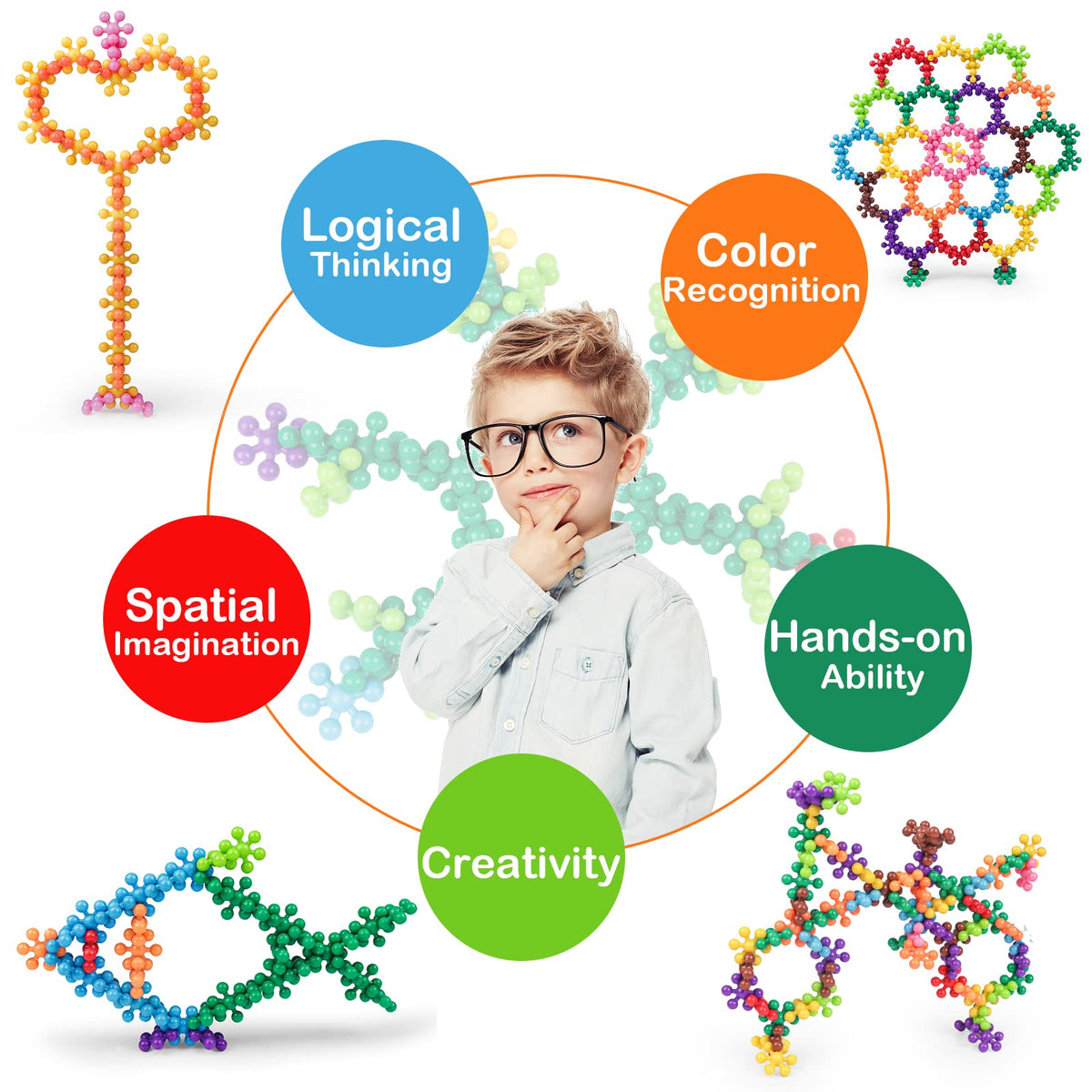 NEOACT blocks being built by a child to form flowers and animals, fostering creativity.