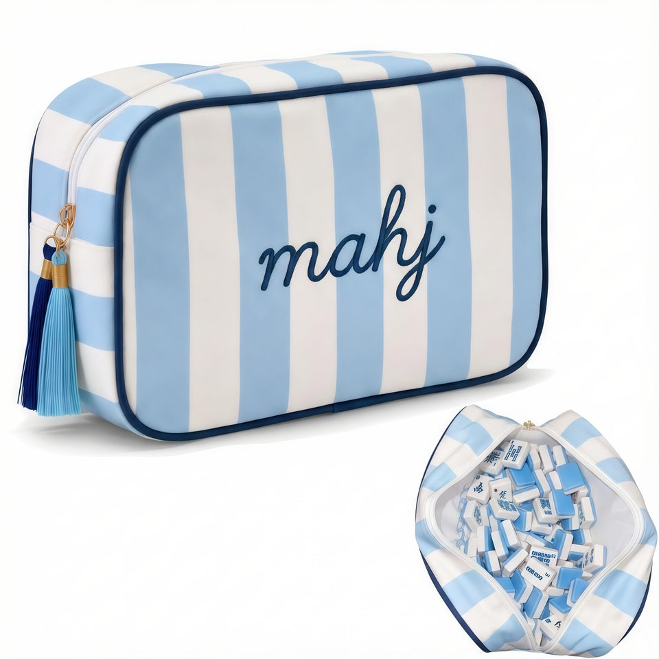 NeoDigix American Mahjong Tile Bag with blue-striped embroidery for stylish game nights.