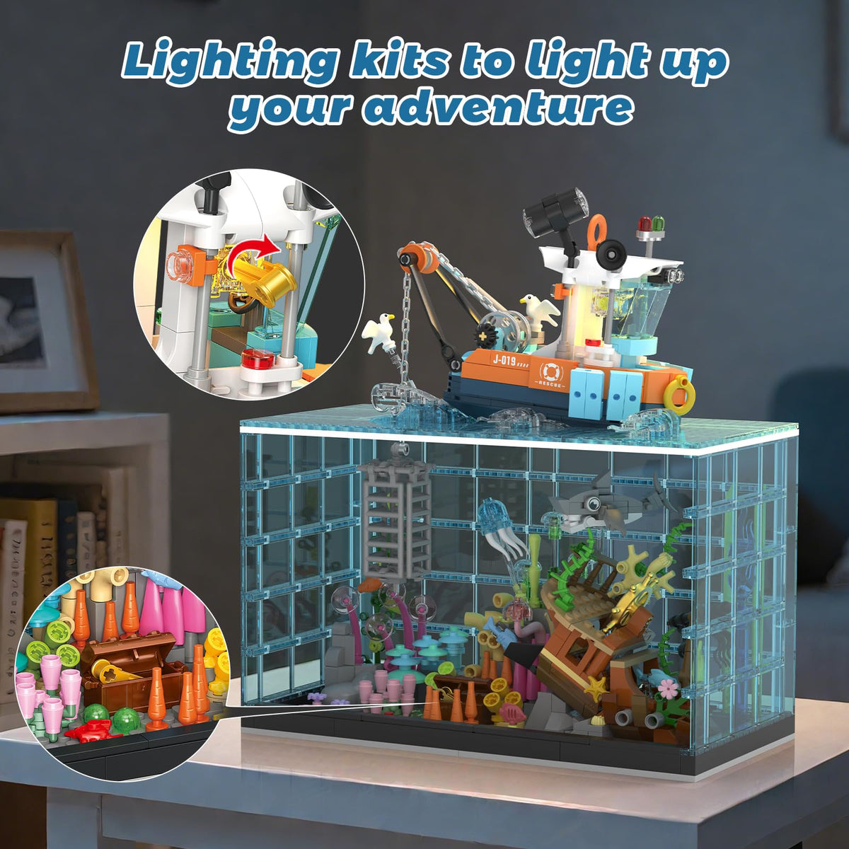 NERCISU fish tank building set fishing boat enhances the surface scene with motion and light.